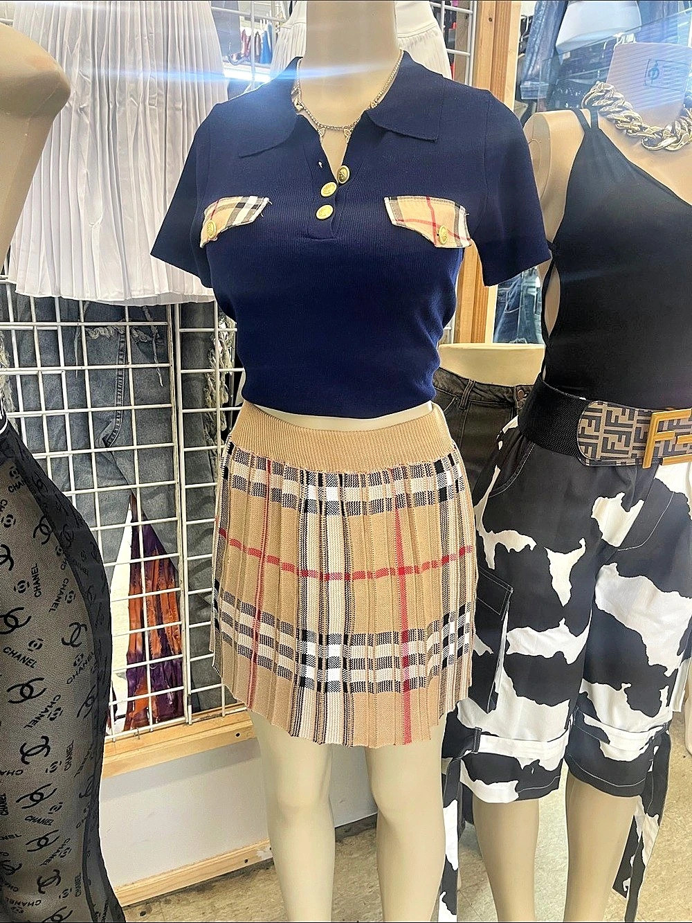 Burberry Plaid Mini Skirt Set in Brown & Red NWT